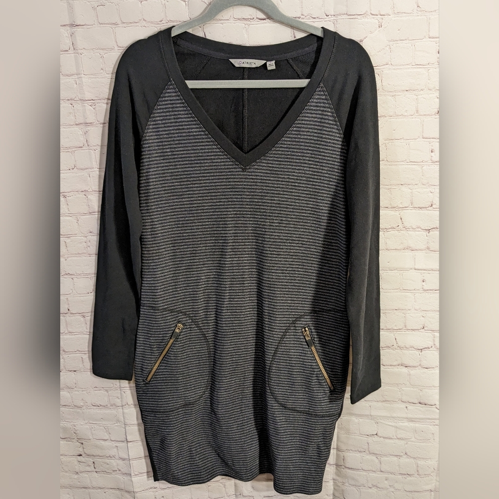 Athleta Black and Charcoal Striped Long Sleeve Dress